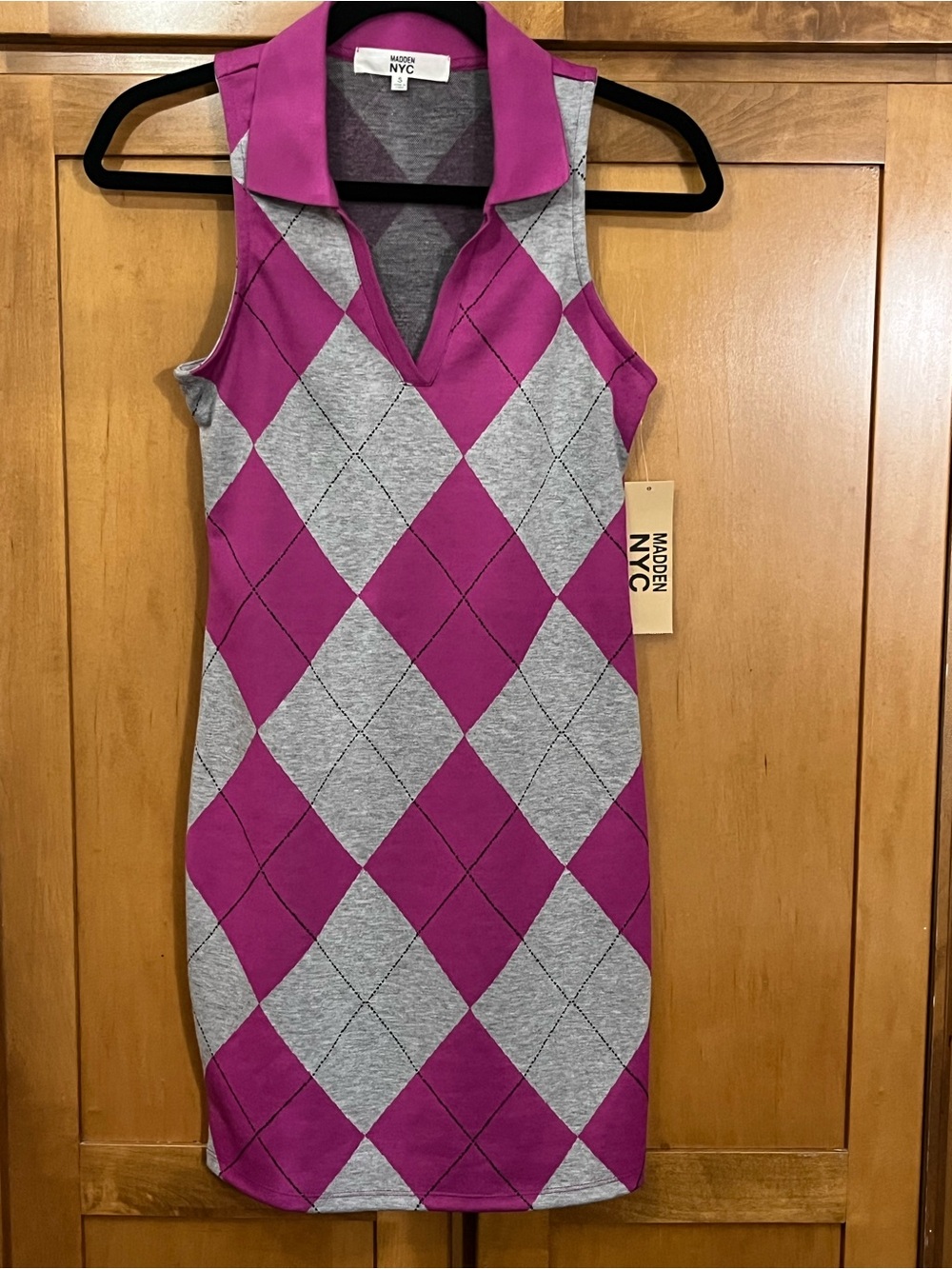 NWT Madden NYC Pink Grey Argyle Sleeveless Polo Mini Dress Size S (3-5)